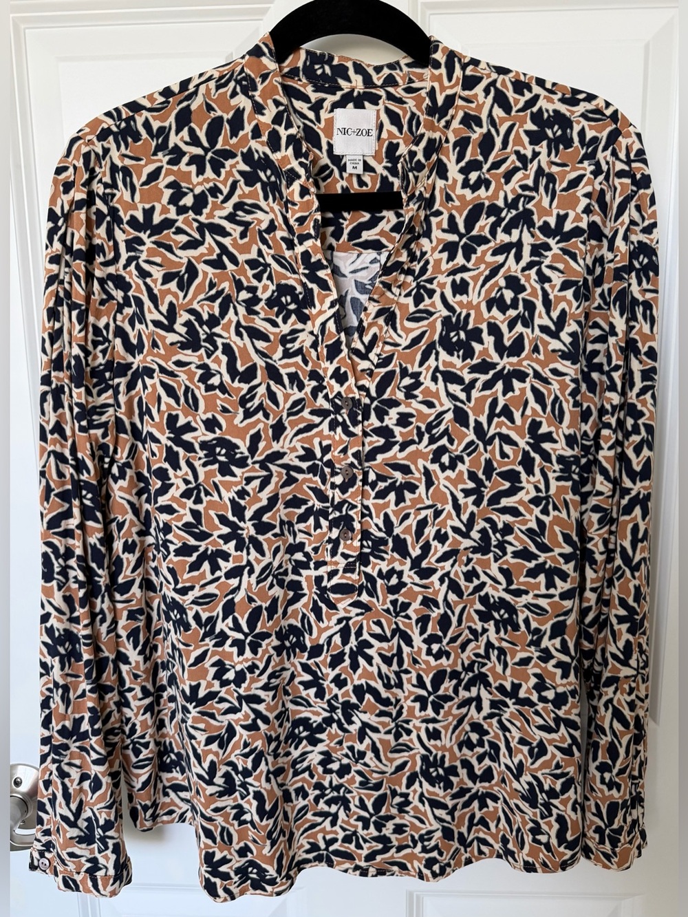NIC+ZOE Navy and Tan Print Button-Down Shirt